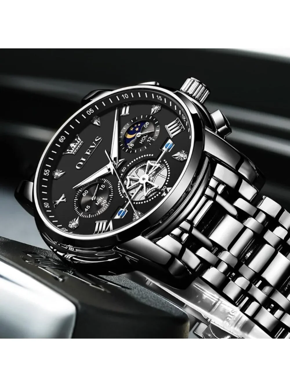 Men's Black Luxury Stainless Steel Analog Quartz Chronograph Waterproof Watch